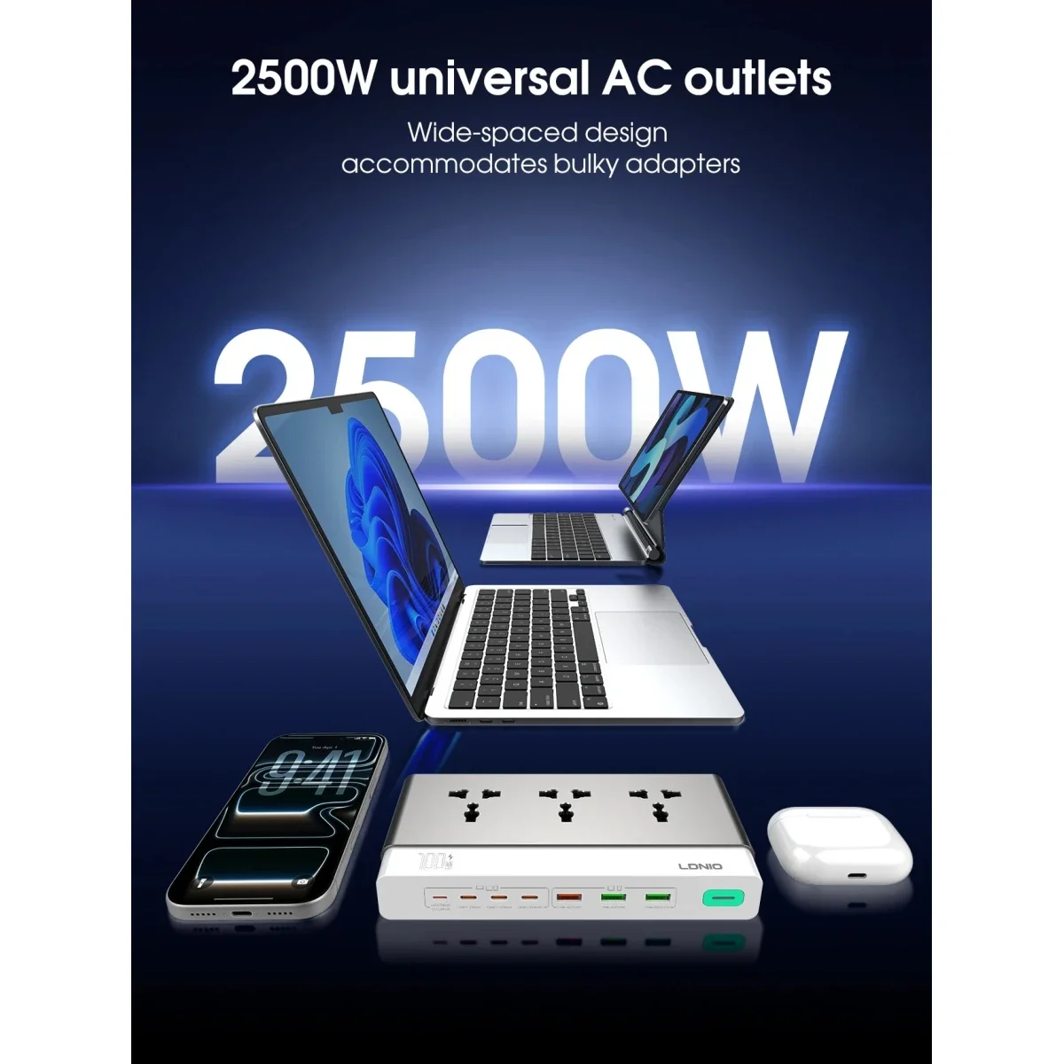 مشترك كهرباء LDNIO SC3 بتقنية GaN 10 في 1 شحن PD 100 واط 2500 واط قابس أوروبي - Image 3