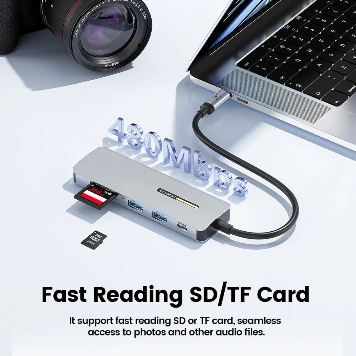 TOOCKI 6-in-1 USB-C Hub with 4K HDMI, USB 3.0, PD 100W, SD/TF Card Reader - Grey - Thumbnail 6