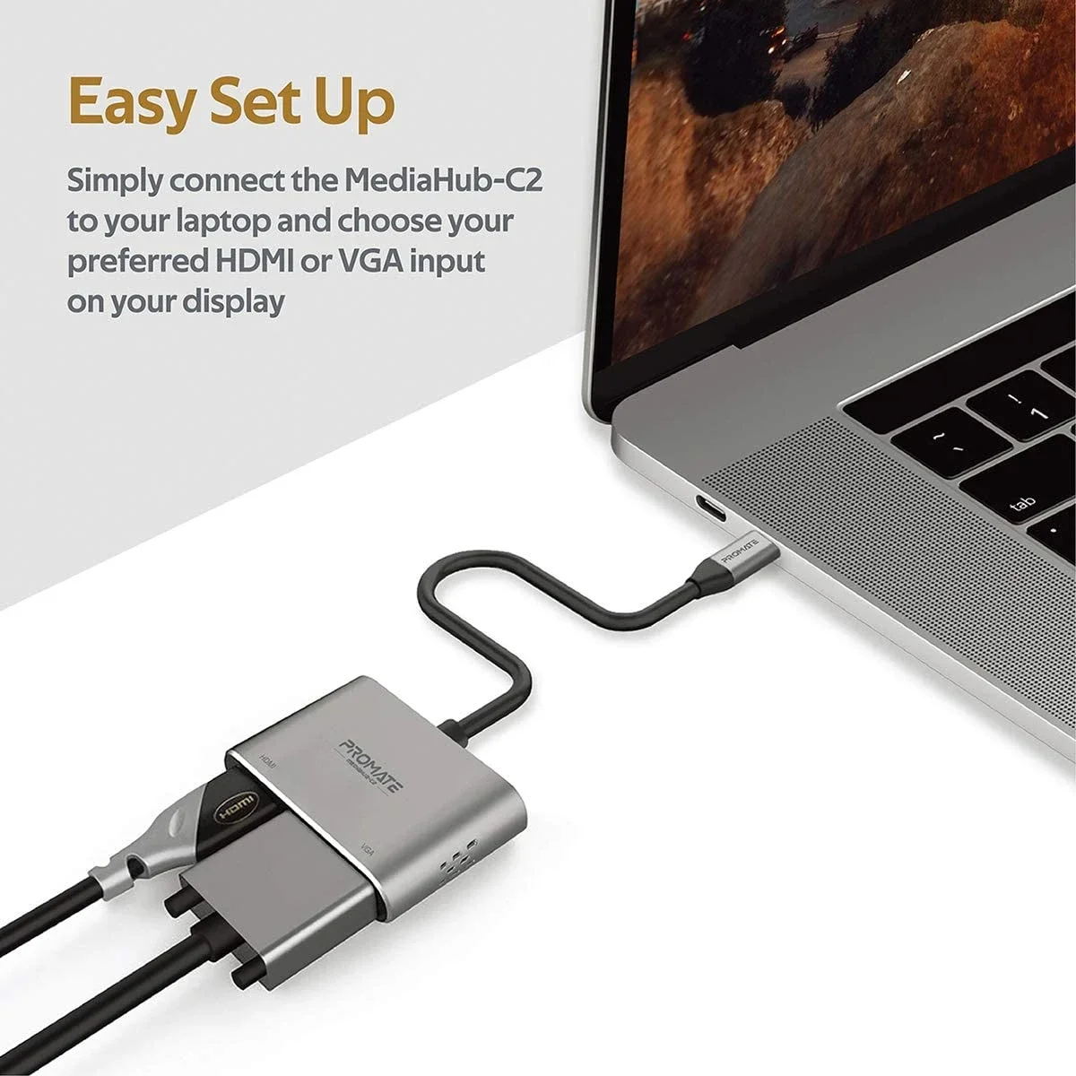 Promate MediaHub-C2 USB-C to HDMI & VGA Adapter 4K Aluminium Dual Display - Image 5