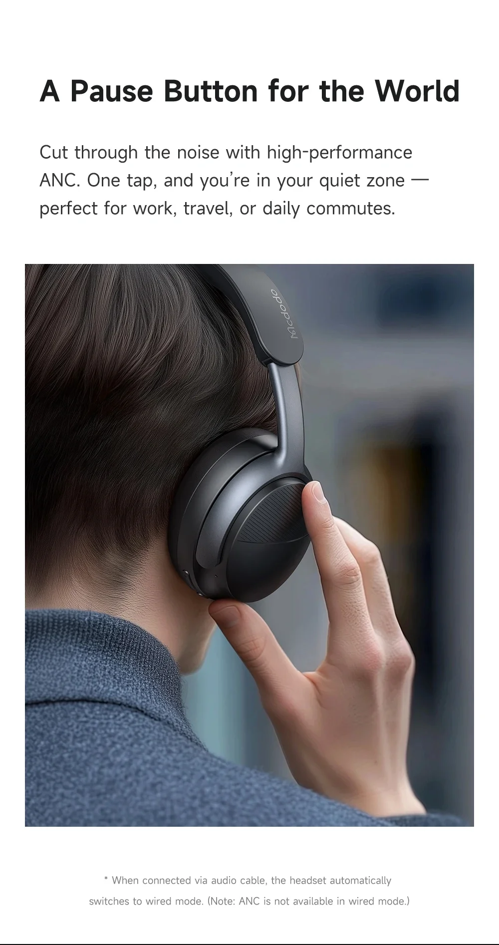 Mcdodo HP-1420 Active Noise Cancelling Wireless Headphones, 56H Playtime, Black - Thumbnail 7