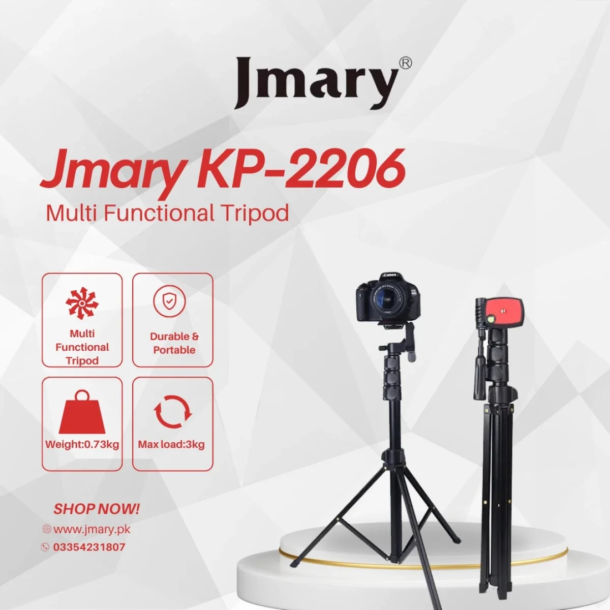Jmary KP-2206 Camera & Mobile Tripod Selfie Stick with Phone Holder