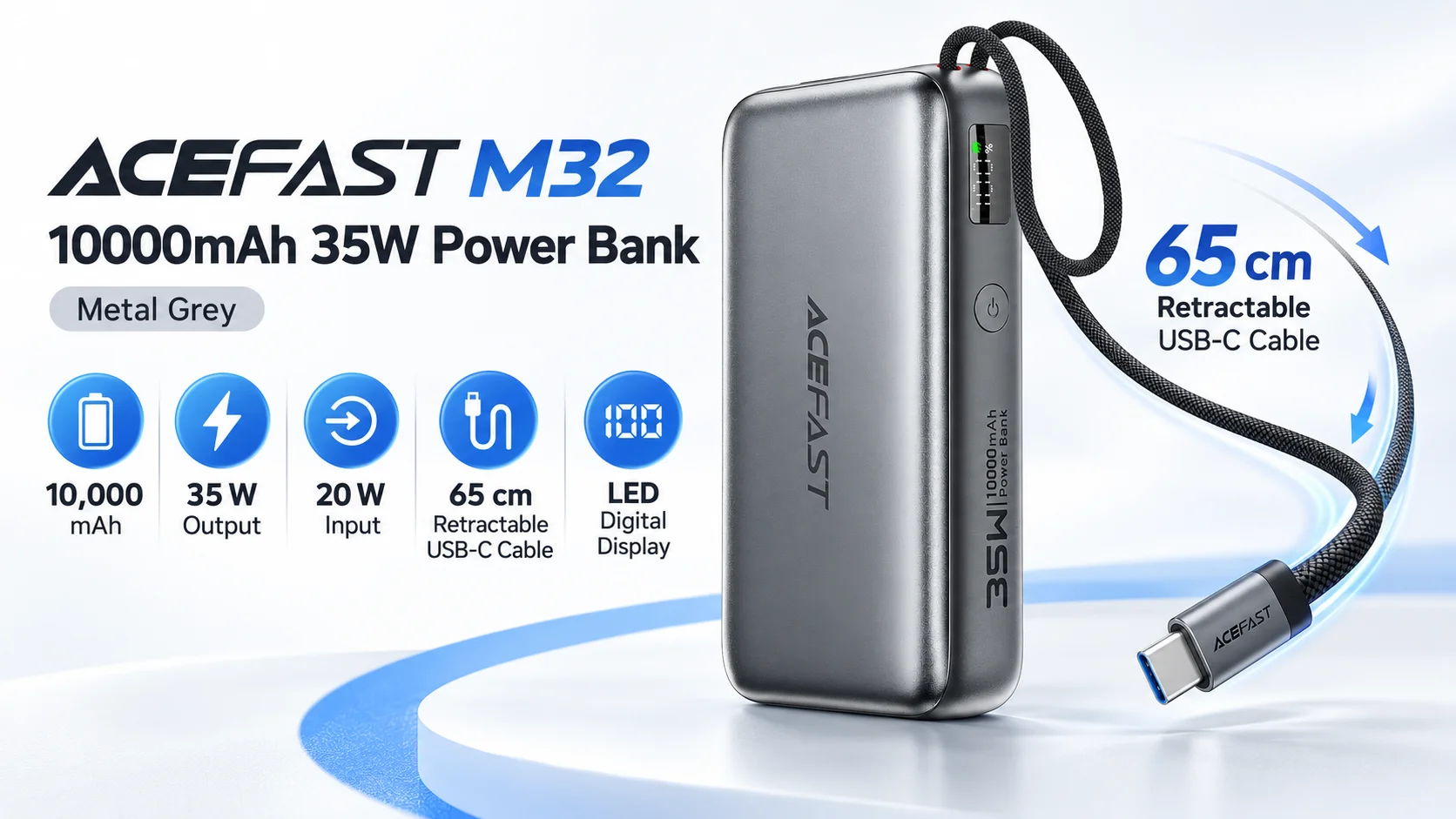 باور بانك ACEFAST M32 سعة 10000mAh بقدرة 35W مع كابل USB-C قابل للسحب، رمادي معدني - Thumbnail 7