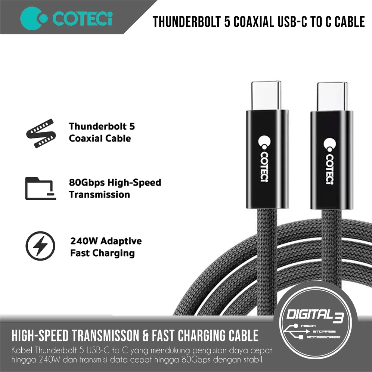 Coteci OF-065 Thunderbolt 5 USB-C to USB-C Coaxial Cable 240W 80Gbps 4K 120Hz HDR - Thumbnail 3