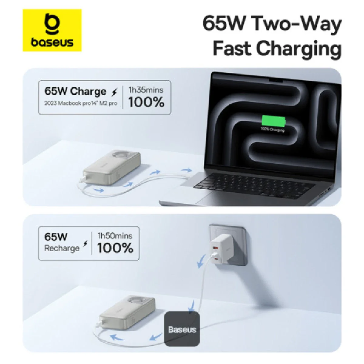 Baseus Free2Pull 20000mAh 65W Power Bank with Retractable USB-C Cable - Black - Thumbnail 3