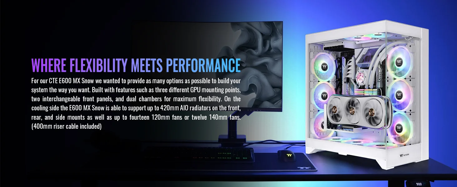 هيكل كمبيوتر Thermaltake CTE E600 MX E-ATX ميد تاور مع حامل بطاقة رسومية عائم ثلاثي الاتجاهات وكابل PCIe 4.0 بطول 400 مم - أبيض - Thumbnail 9