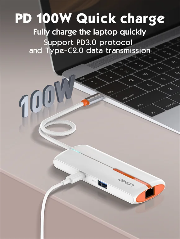 موزع USB-C إلى USB من LDNIO DS-26U 6 في 1 مع شحن PD ومنفذ RJ45 - أبيض - Image 7