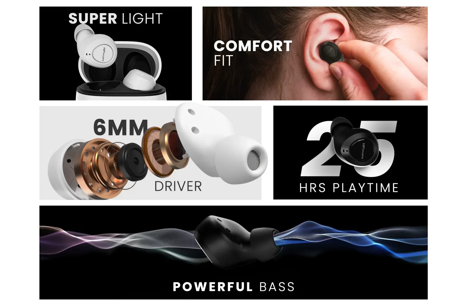 سماعات أذن لاسلكية HiFuture OlymBuds3 بوقت تشغيل 25 ساعة وBluetooth 5.3 وIPX5، أسود - Image 5