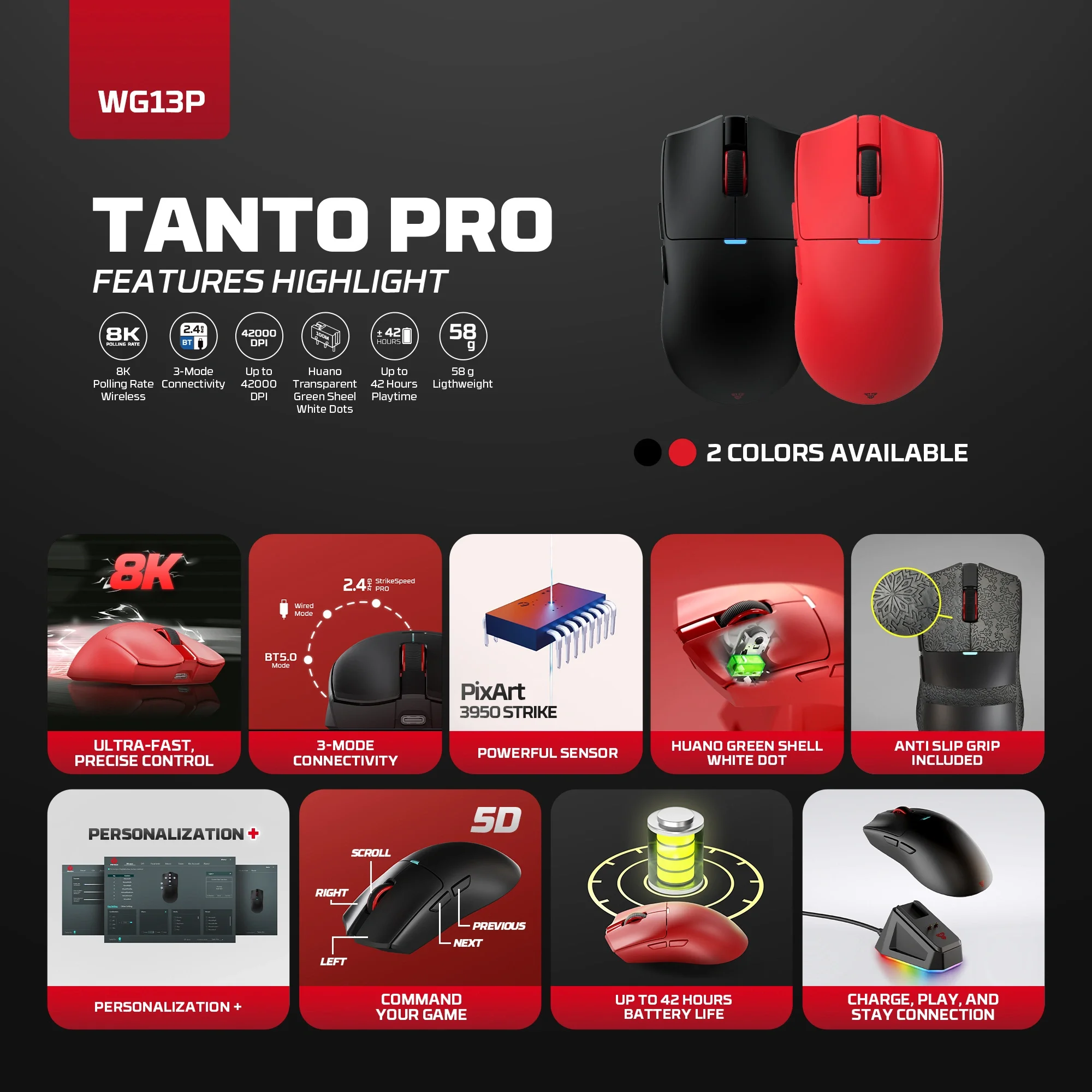 ماوس ألعاب ثلاثي الاتصال (بلوتوث + لاسلكي و سلكي) Fantech WG13P Tanto Pro مع معدل Polling 8K - Image 7
