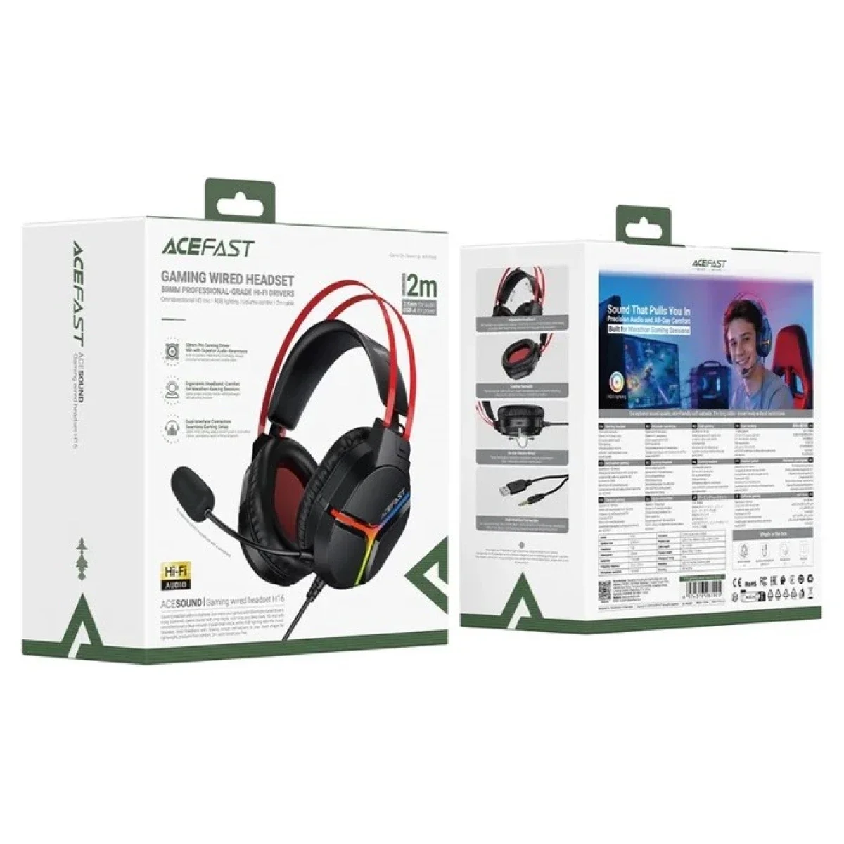 ACEFAST H16 Wired Gaming Headset with 50mm Drivers, RGB and 2m Cable - Black - Thumbnail 5