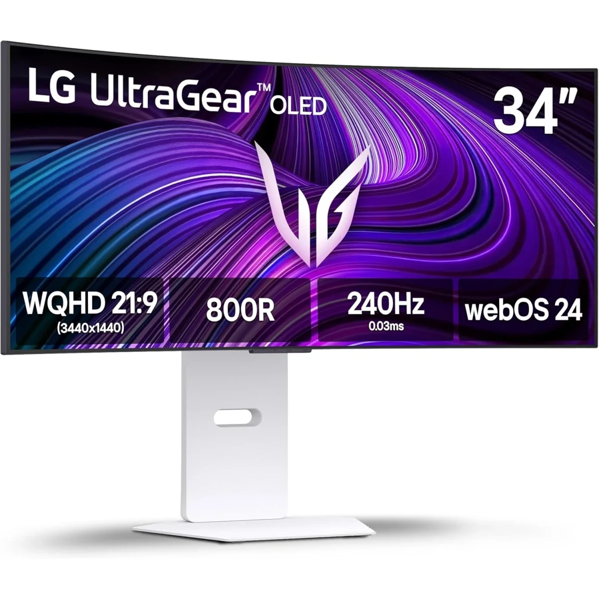شاشة ألعاب LG 34GX90SA UltraGear Smart منحنية OLED مقاس 34 إنش، WQHD، 240 هرتز، 0.03 مللي ثانية، أبيض