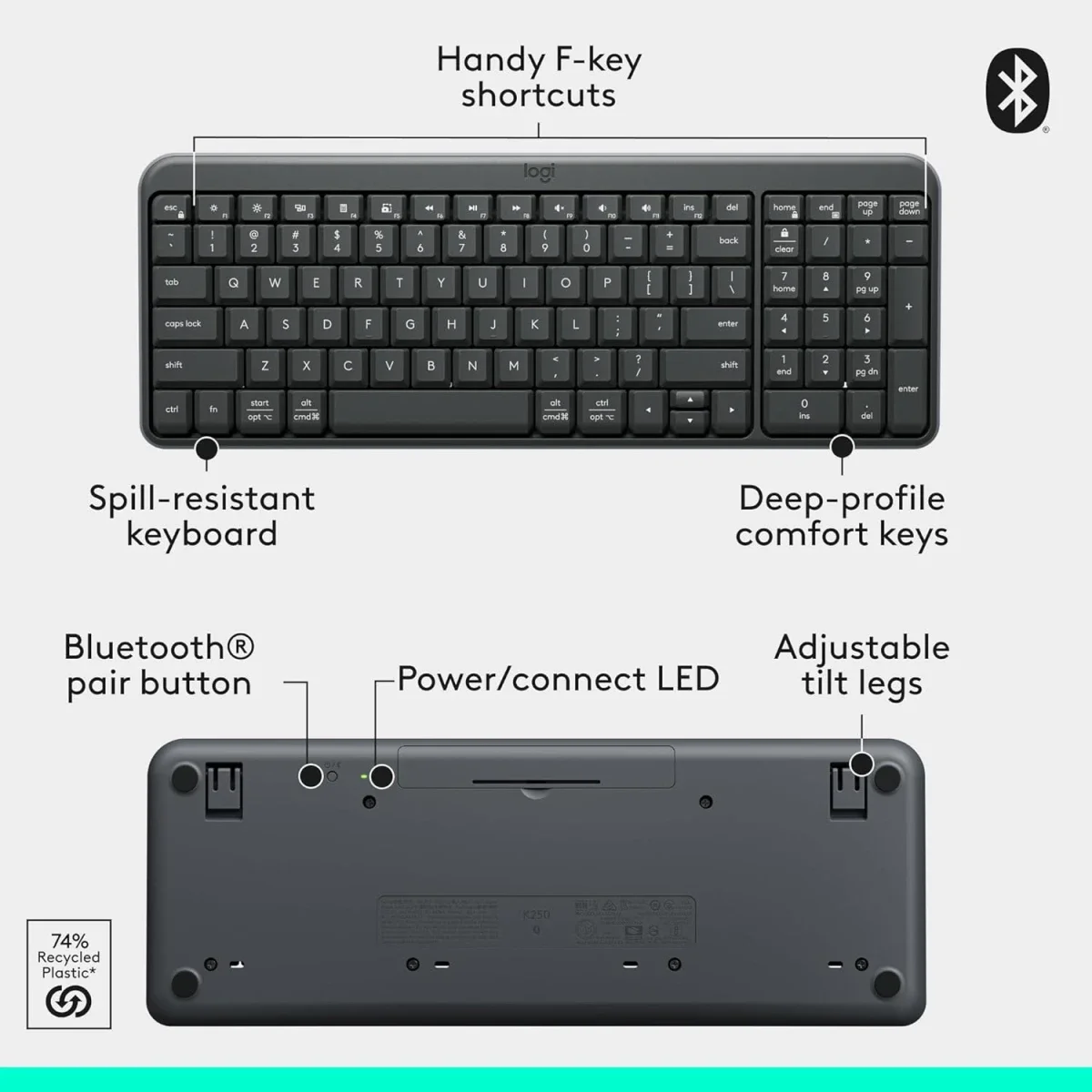لوحة مفاتيح Logitech K250 بلوتوث مدمجة مع لوحة أرقام، تخطيط عربي/إنجليزي - جرافيت - Thumbnail 7