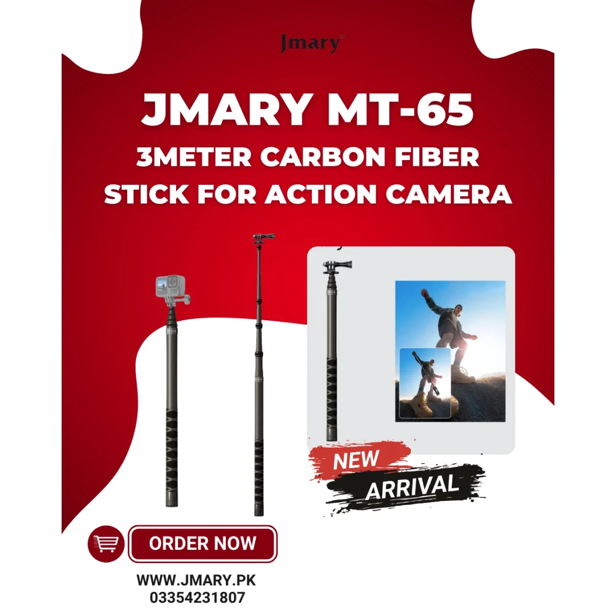 Jmary MT-65 Carbon Fiber Invisible Extension Pole for Action Cameras, 3 Meter, Black - Thumbnail 6