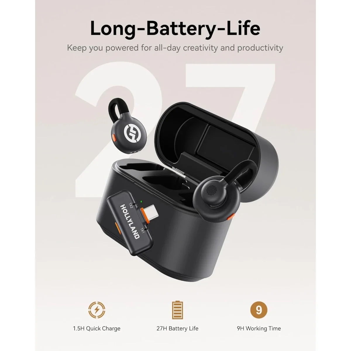 نظام ميكروفون لاسلكي Hollyland Lark M2S Combo مع مستقبل كاميرا ومستقبل USB-C وكابل Lightning، 30 ساعة - أسود - Image 2