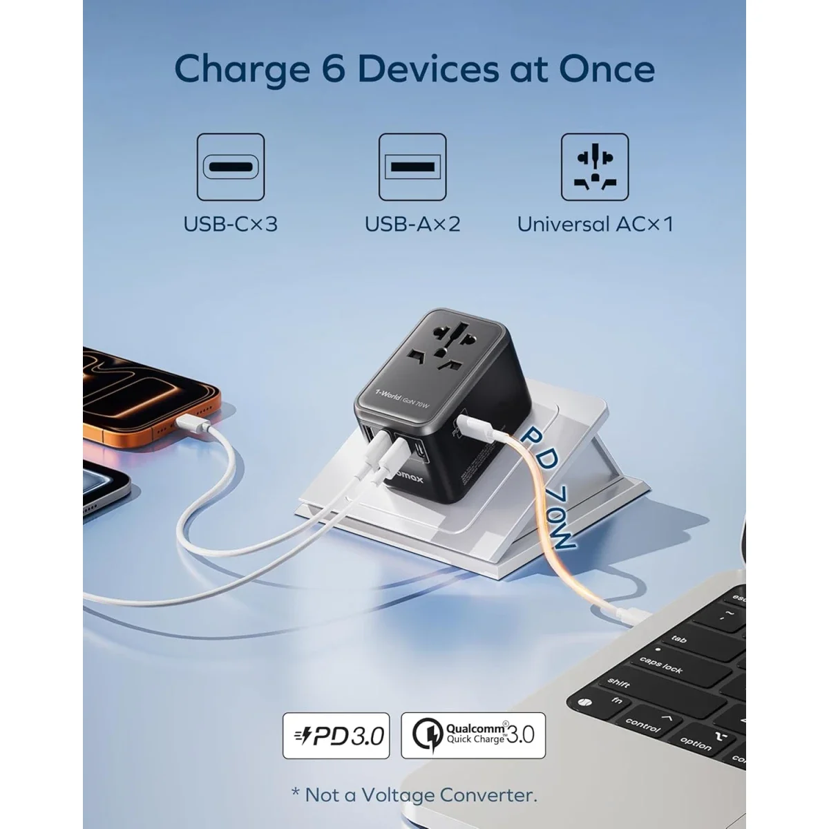 MOMAX 70W GaN Universal Travel Adapter with 3 USB-C PD & 2 USB-A QC - Black - Thumbnail 2