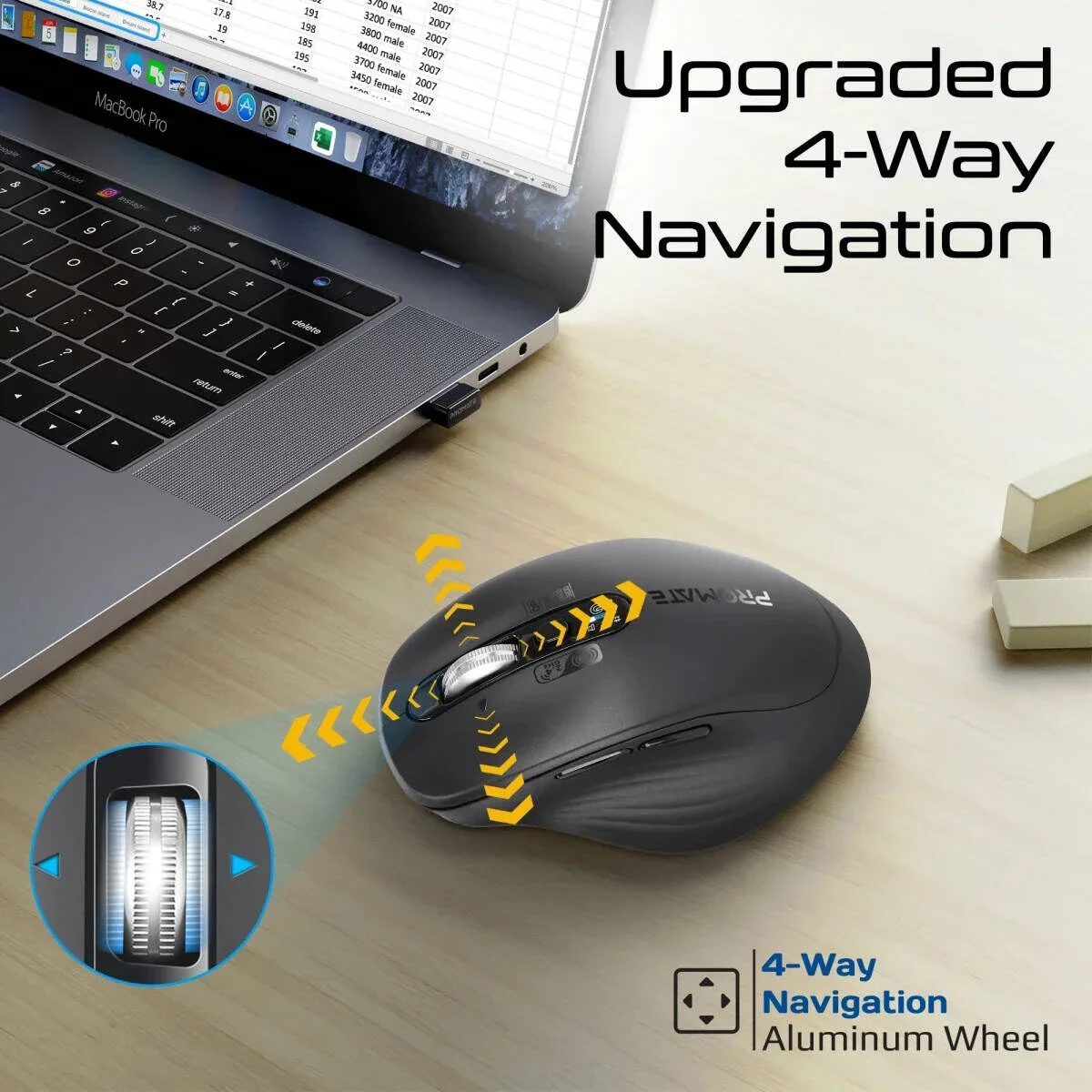 Promate SamoTri Tri-Mode Wireless Mouse, Bluetooth 5.0, 2.4GHz, 3200 DPI, Black - Thumbnail 6