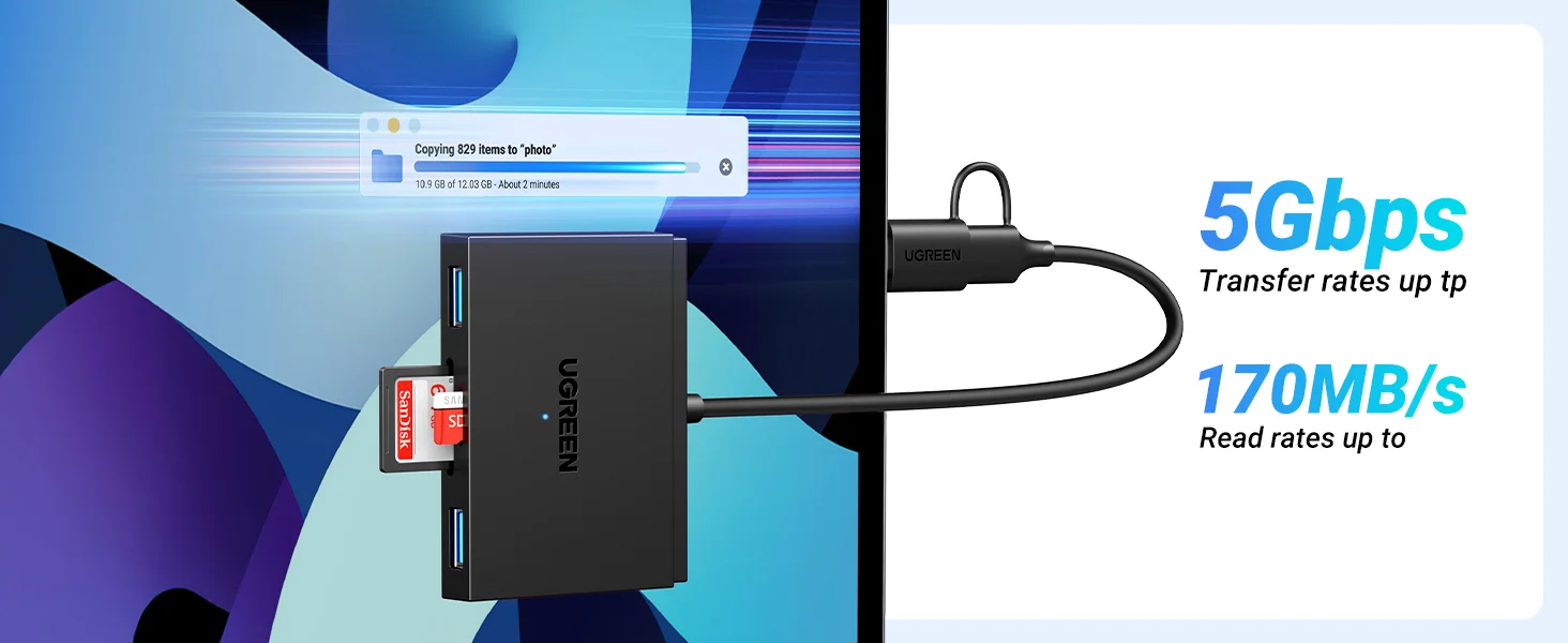 قارئ بطاقات Ugreen 4 في 1 USB-C وUSB-A لبطاقات SD وTF مع منفذي USB 3.0 بسرعة 5Gbps - Thumbnail 13