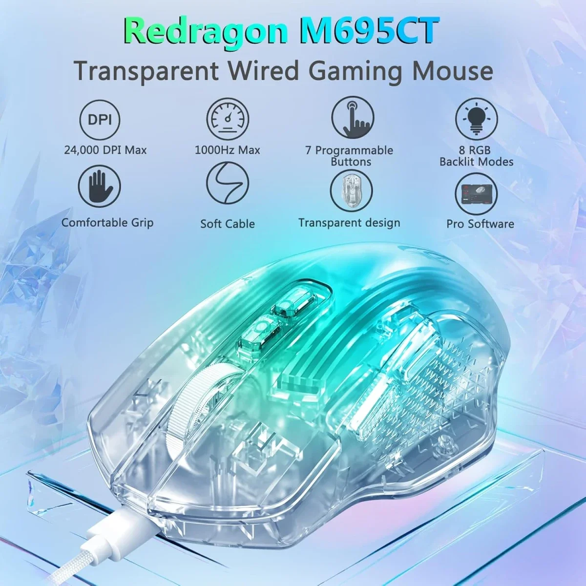 ماوس ألعاب Redragon M695 CT سلكي بدقة 24000 DPI وإضاءة RGB أبيض - Thumbnail 2