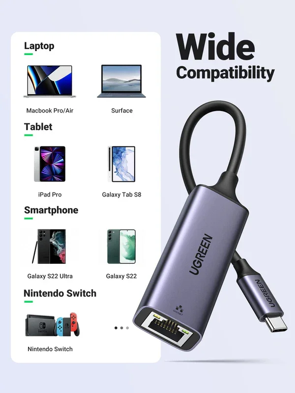 محول إيثرنت Ugreen 25052 من USB-C إلى RJ45 بسرعة 2.5G جيجابت - Image 4