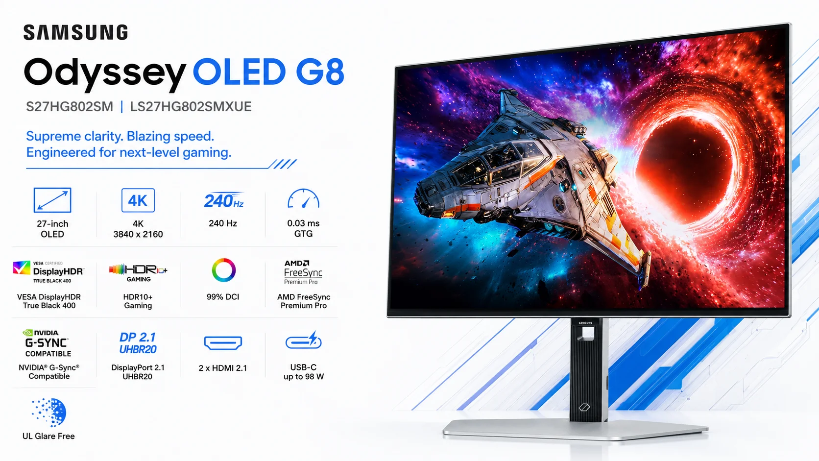 Samsung S27HG802SM Odyssey OLED G8 27-Inch 4K QD-OLED 240Hz Gaming Monitor - Silver - Image 12