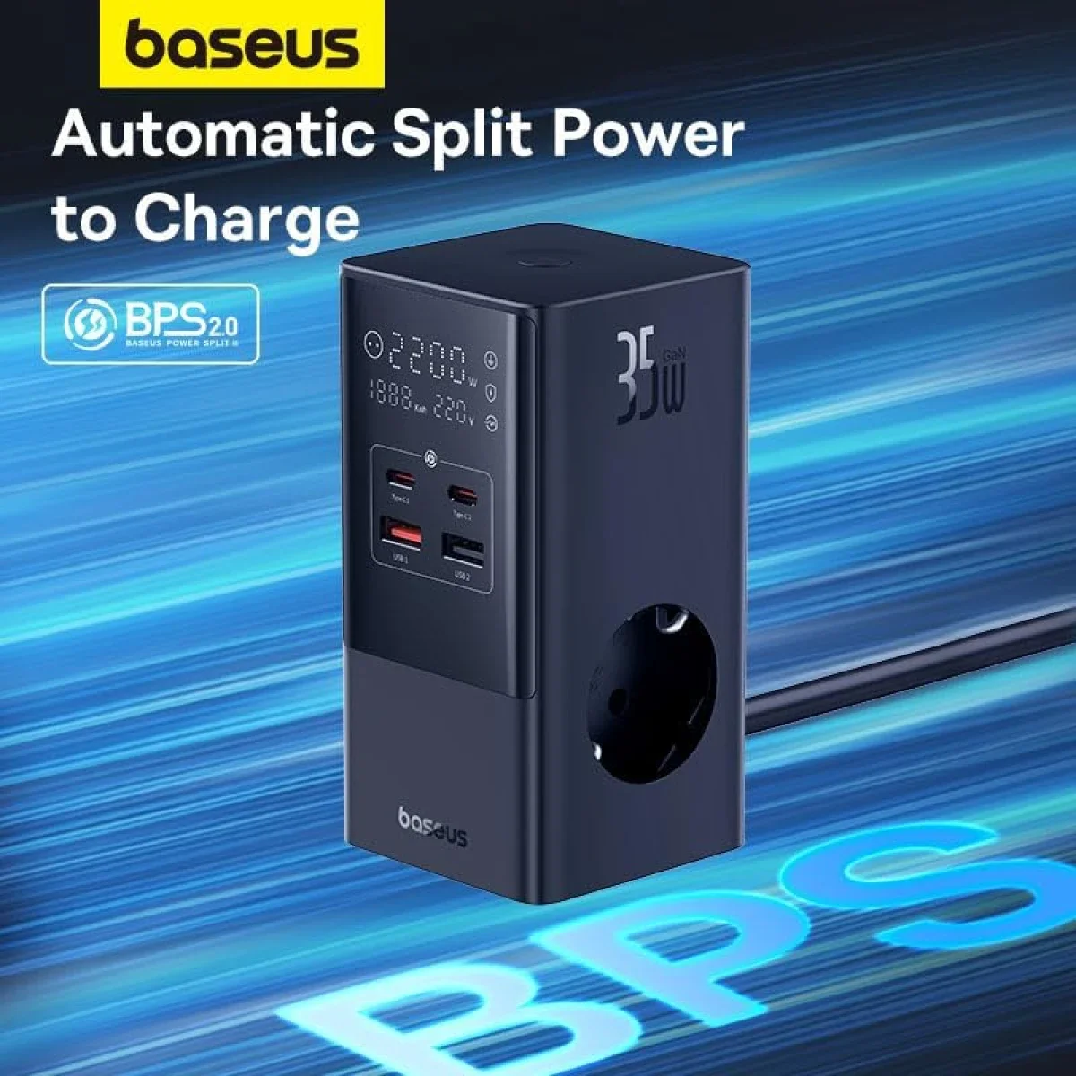 مشترك كهربائي رقمي Baseus PowerCombo Tower بقدرة 35 واط، 3 منافذ AC و2 USB-A و2 USB-C، سلك EU بطول 1.5 متر - أسود - Thumbnail 7