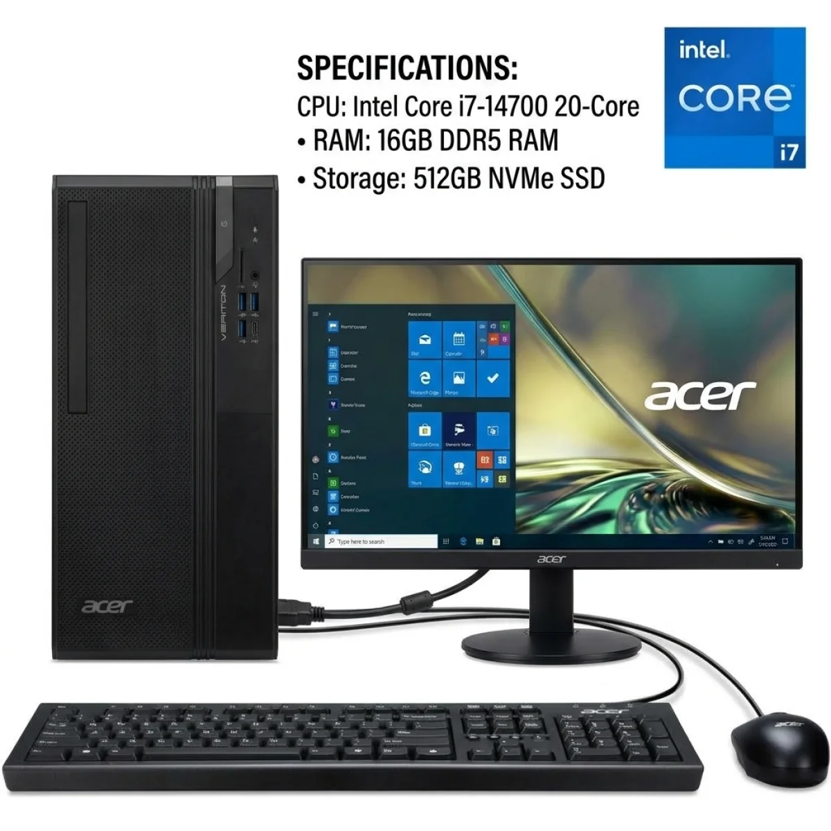 كمبيوتر مكتبي Acer Veriton VS2722G مع شاشة EK241Y P6 مقاس 23.8 إنش FHD IPS بتردد 100Hz، Intel Core i7-14700، رام 16GB DDR5، SSD 512GB PCIe 4.0