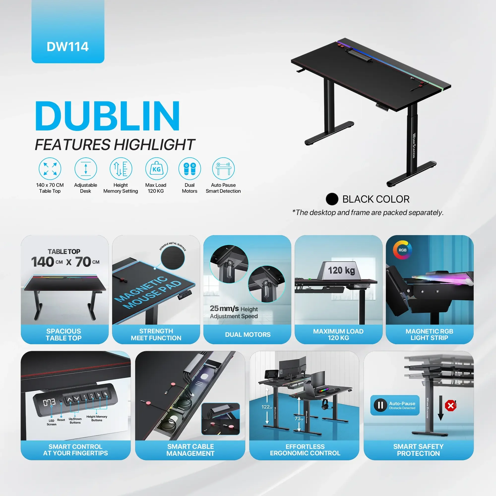 Fantech DW114 Dublin Dual Motor Adjustable Magnetic Gaming Desk 140 x 70 cm - Image 8