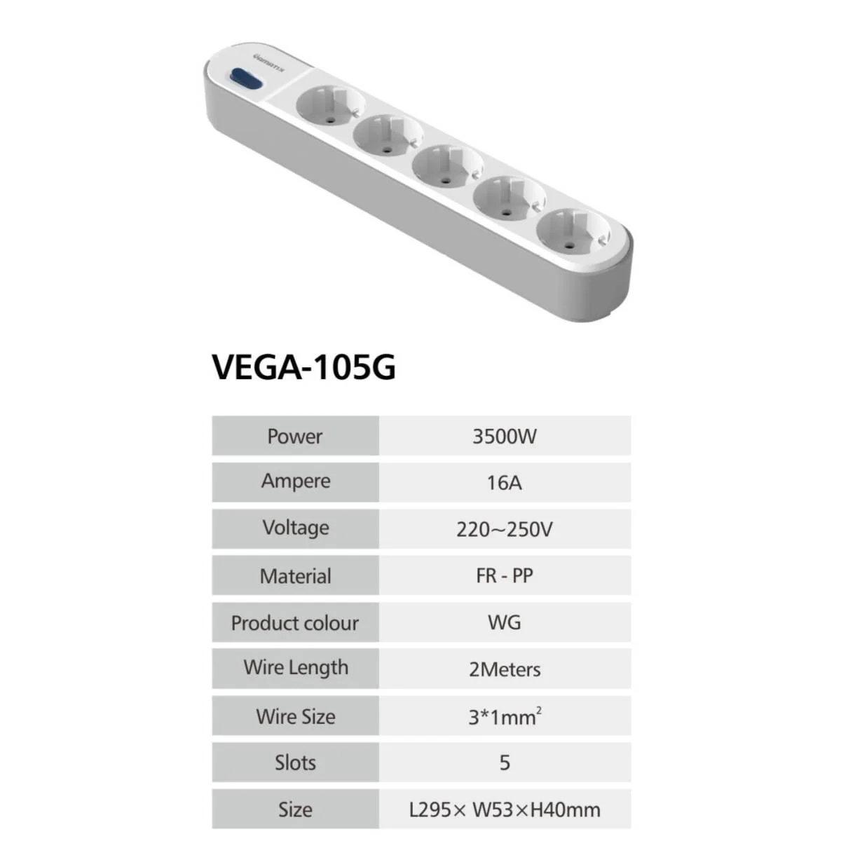 مشترك كهرباء Yamatik VEGA-105W مع 5 مقابس AC، 16 أمبير، 220-250 فولت - Image 2