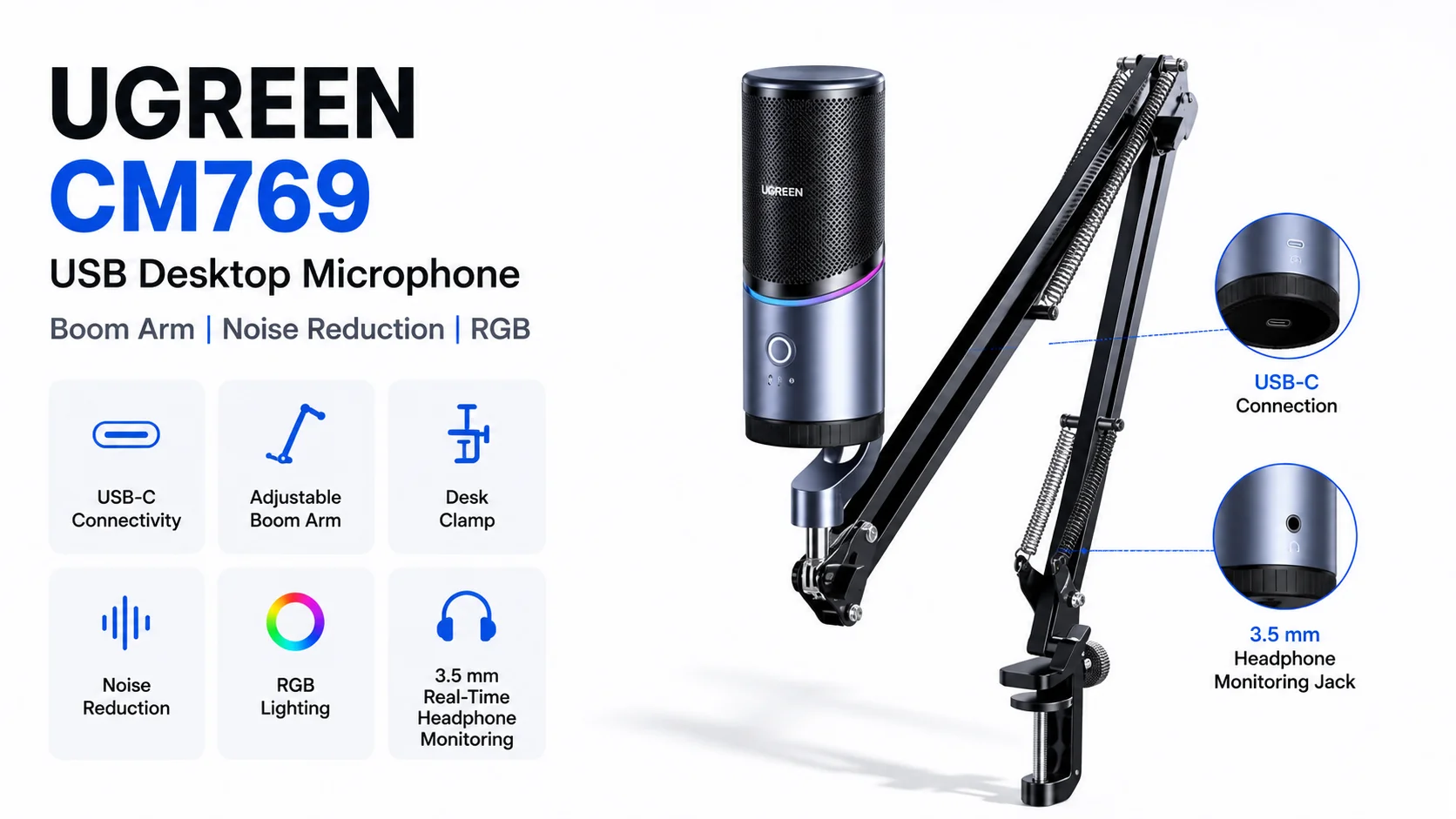 Ugreen CM769 USB Desktop Microphone with Boom Arm, Noise Reduction and RGB - Image 7