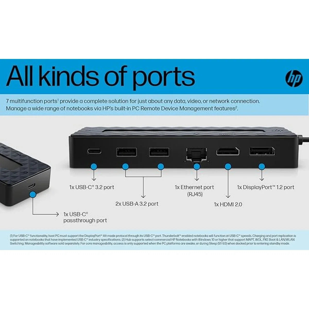 موزع متعدد المنافذ HP Universal USB-C مع HDMI وDisplayPort وإيثرنت جيجابت وPD بقدرة 65 واط - Thumbnail 2