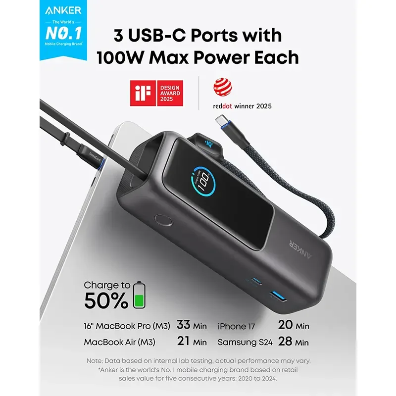 باور بانك للابتوب Anker A1695H41 سعة 25K وقدرة 165 واط بكابلات USB-C مدمجة وقابلة للسحب – فضي - Thumbnail 4
