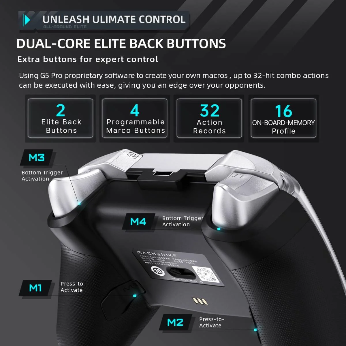 MACHENIKE G5 Pro Wireless Gaming Controller with Hall Effect Joysticks, RGB Lights - Black - Thumbnail 6