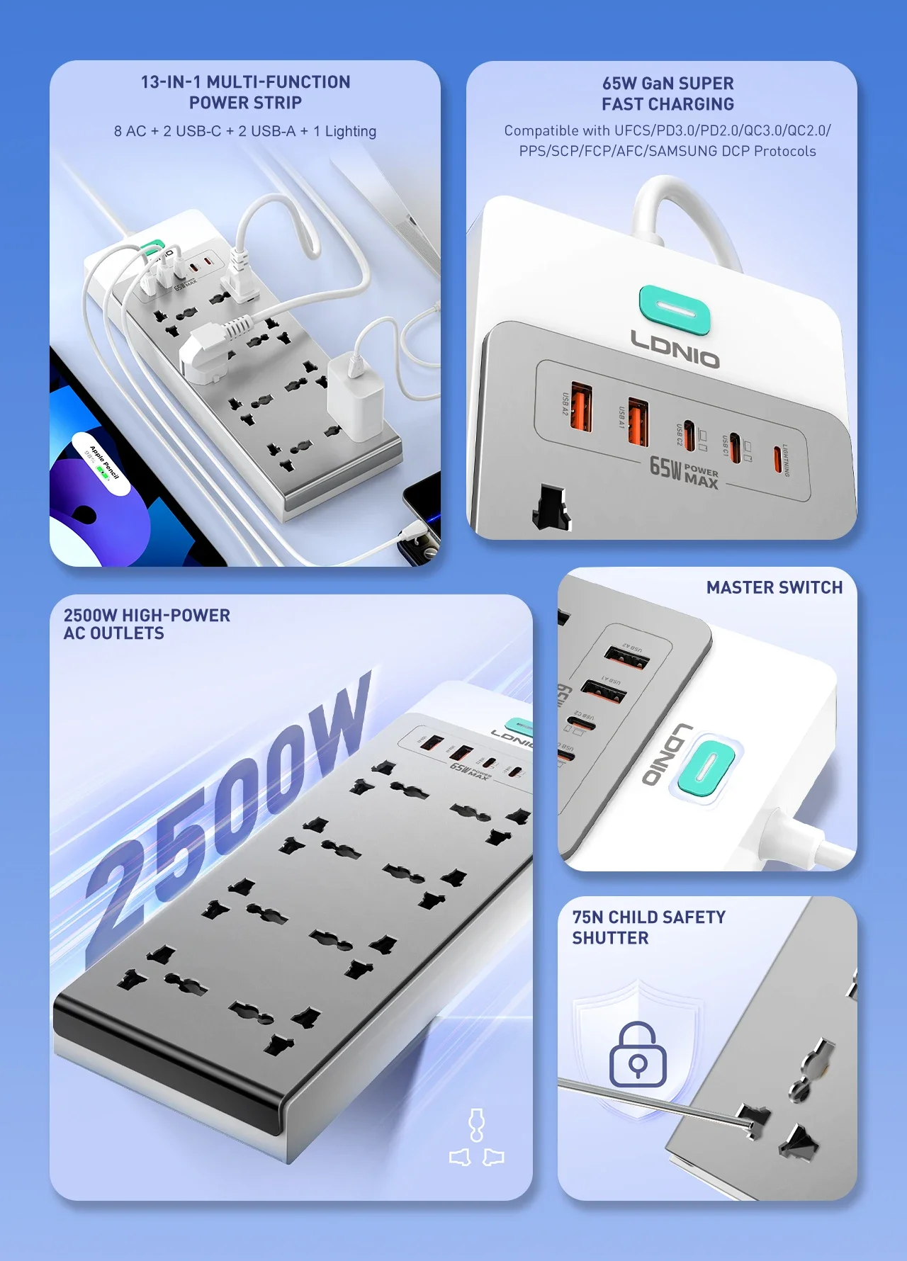 LDNIO SC4 13-in-1 65W GaN PD Power Strip with 8 AC Outlets, 2m Cable - Image 6