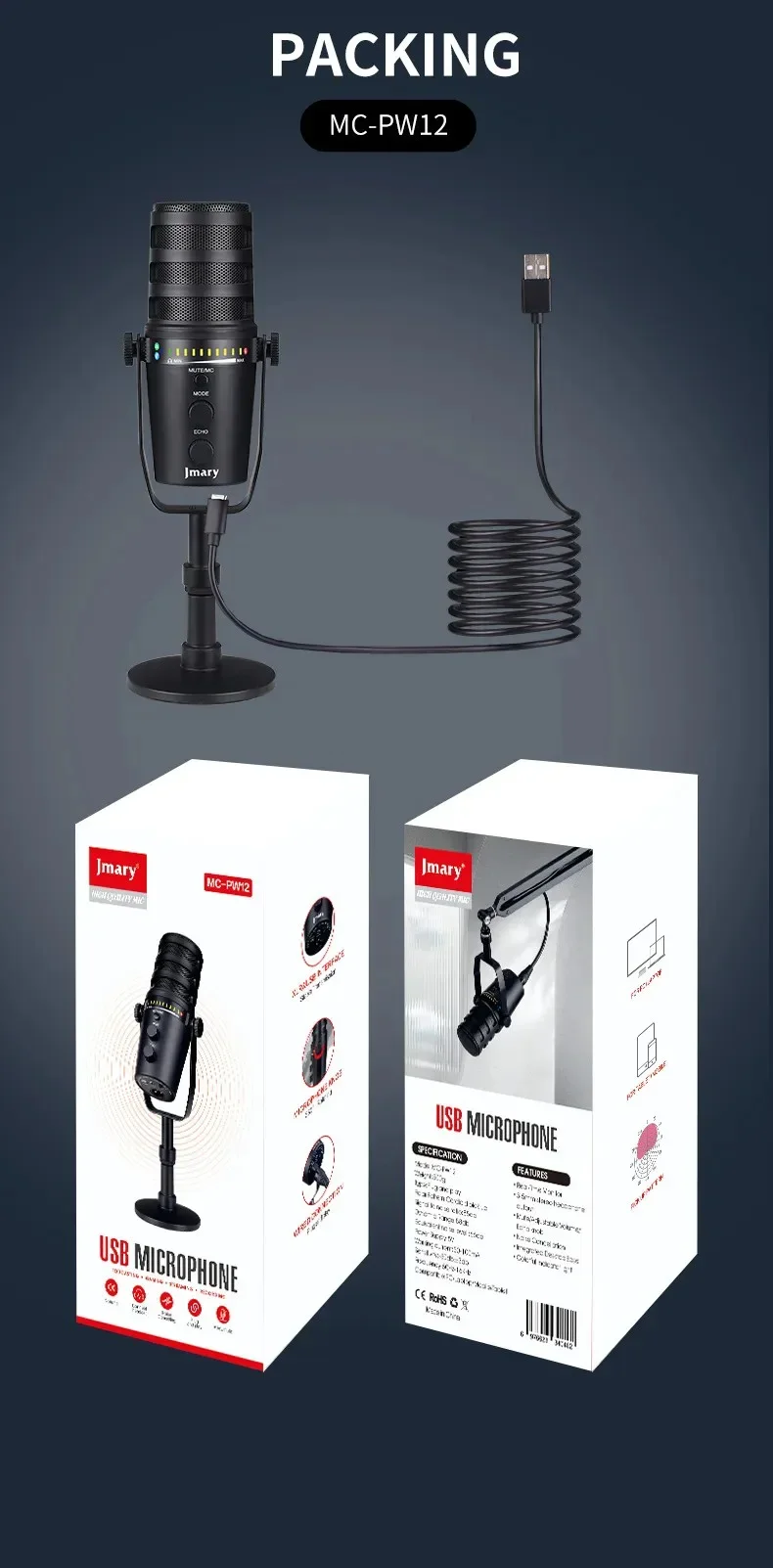 Jmary MC-PW12 USB Cardioid Desktop Microphone with Mute & Zero-Latency Monitoring - Image 25