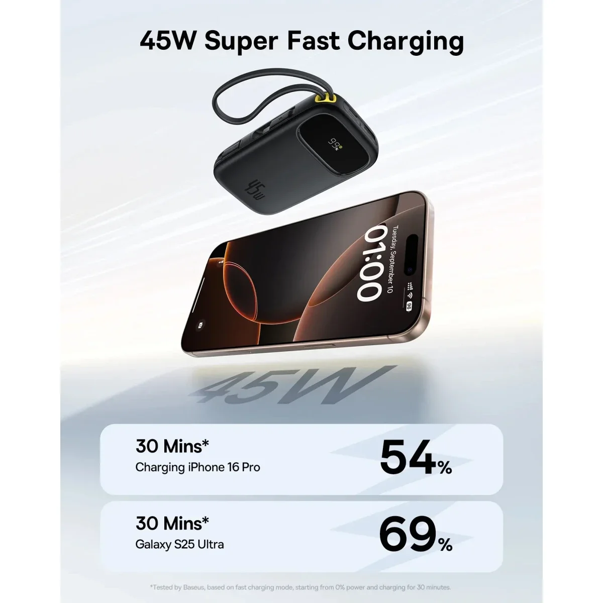 Baseus Qpow 3 Cosmic 10000mAh 45W Power Bank with 2 Built-in USB-C Cables - Black - Thumbnail 3