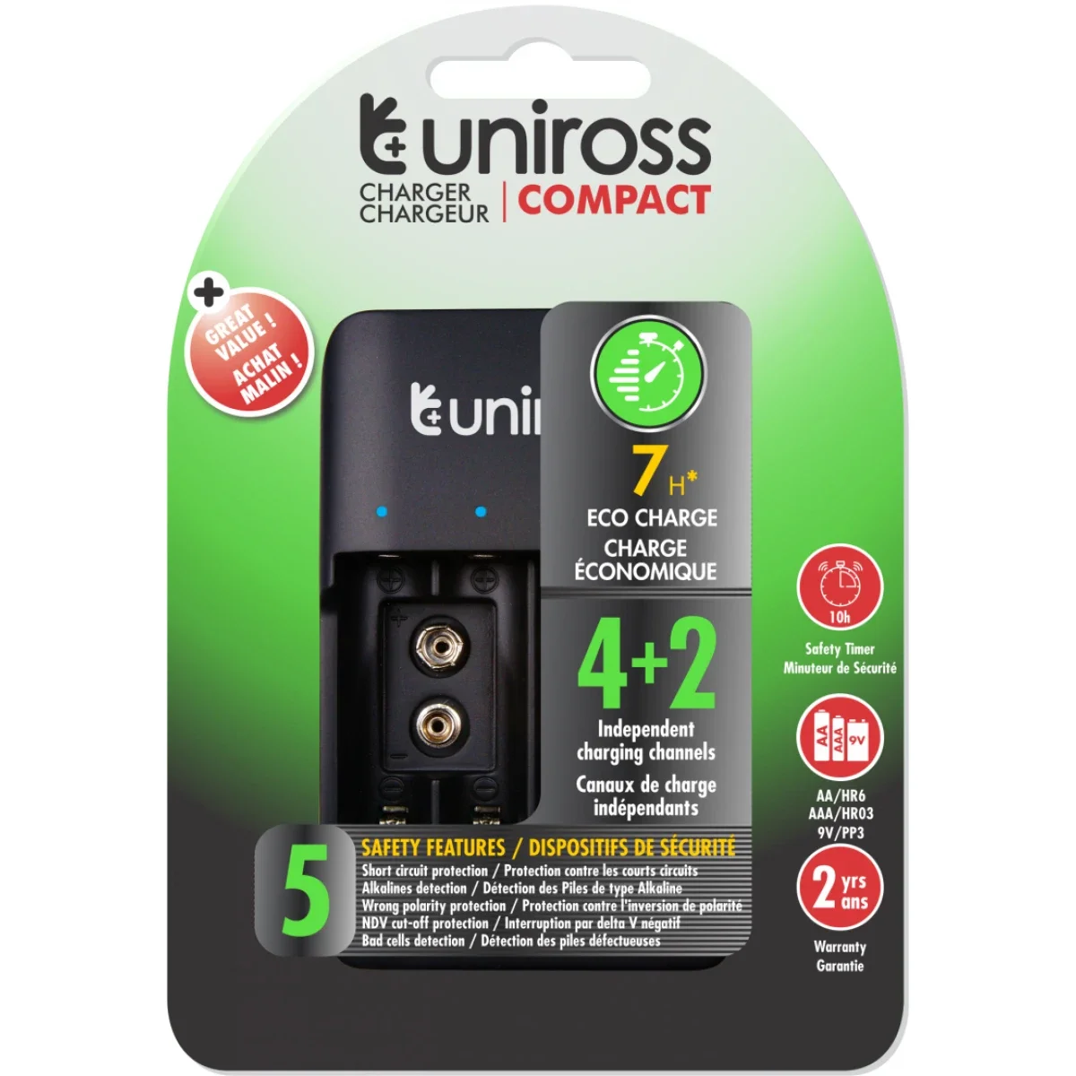 شاحن Uniross UCU004A متعدد ومضغوط عبر USB مع 4 بطاريات AA 2100 قابلة للشحن