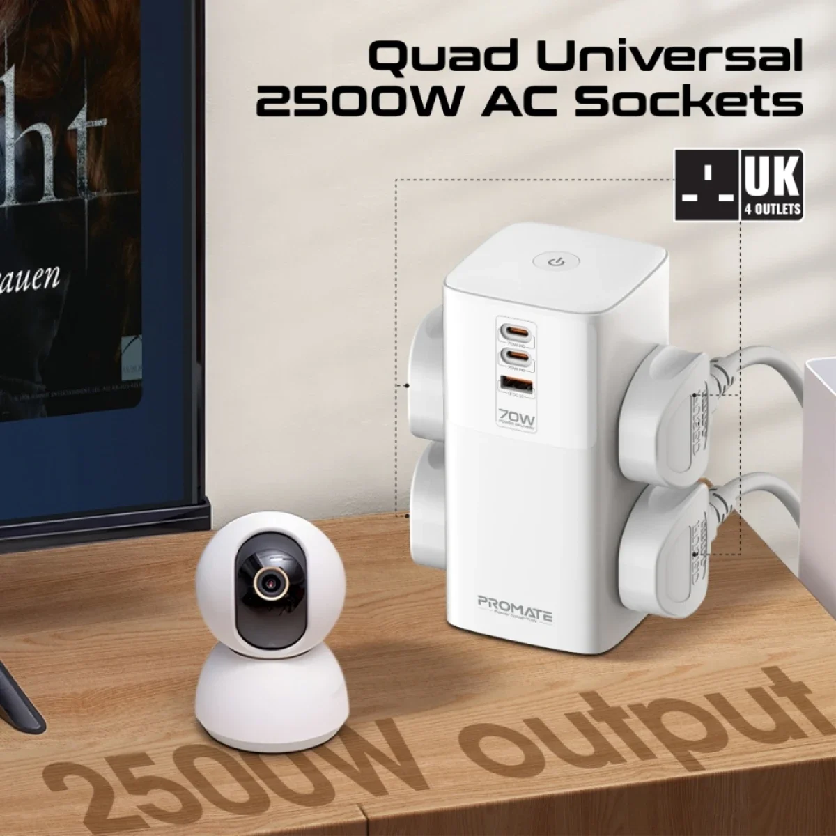 محطة شحن متعددة المنافذ Promate PowerTower-70W مع منفذي USB-C PD بقدرة 70W ومنفذ QC 3.0 بقدرة 30W و4 مقابس AC عالمية - Thumbnail 3