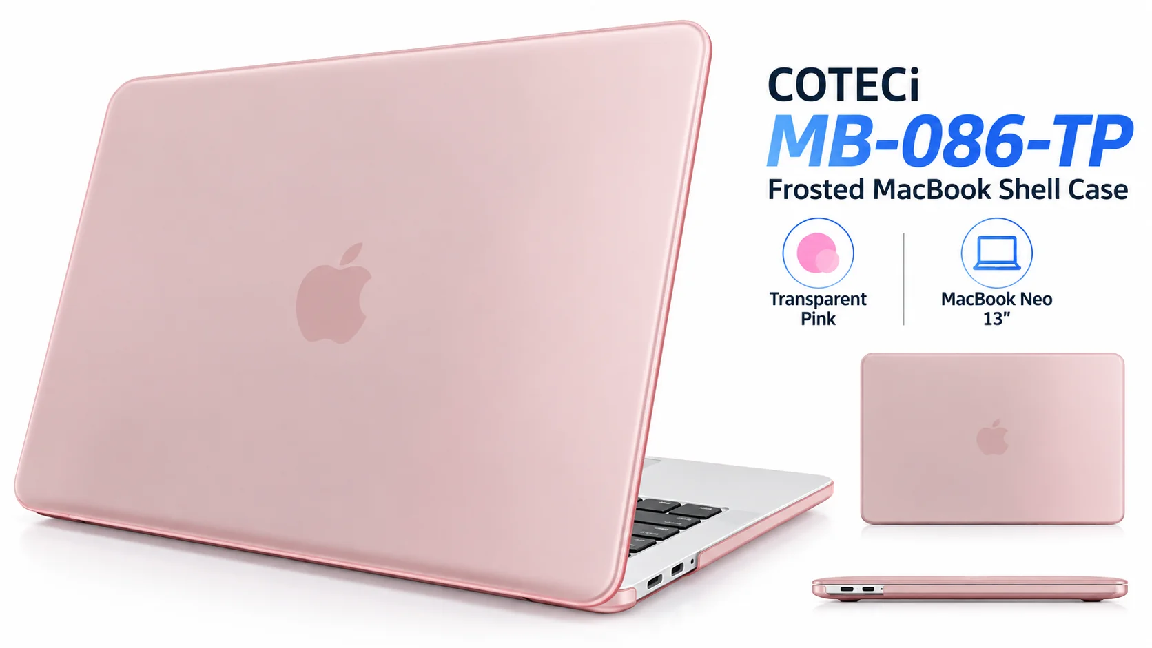 غطاء حماية صلب Coteci MB-086-TP بتصميم مطفي لجهاز MacBook Neo قياس 13 إنش، وردي شفاف - Thumbnail 7