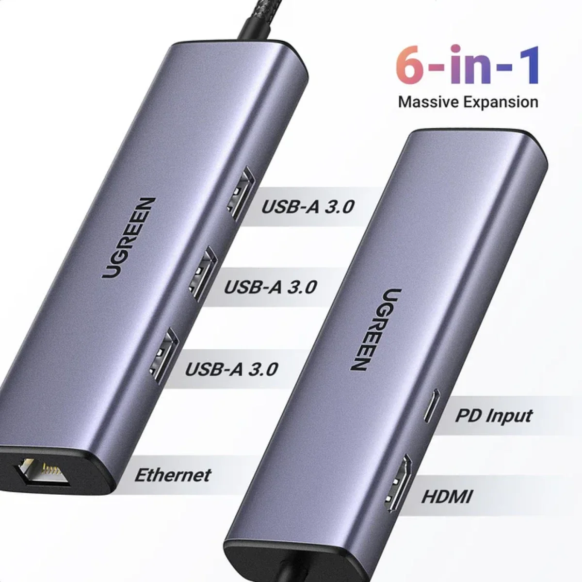 Ugreen Revodok 6-in-1 USB-C Hub with 4K HDMI, Gigabit Ethernet & 100W PD - Thumbnail 2