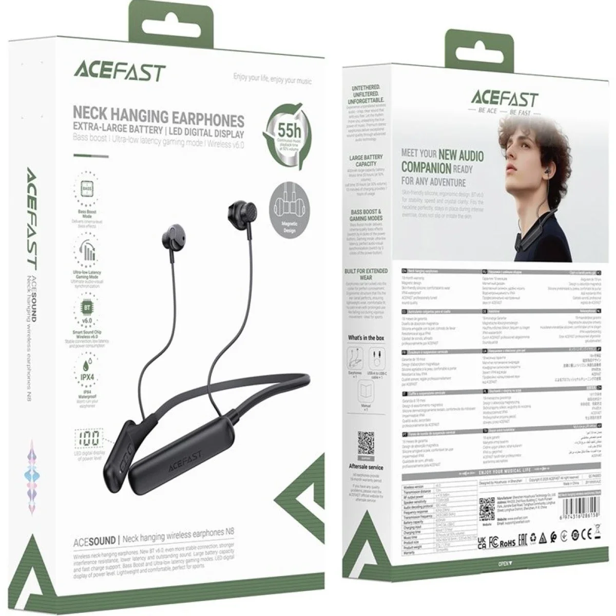 سماعات رقبة لاسلكية ACEFAST N8 مع شاشة LED ومقاومة ماء IPX4