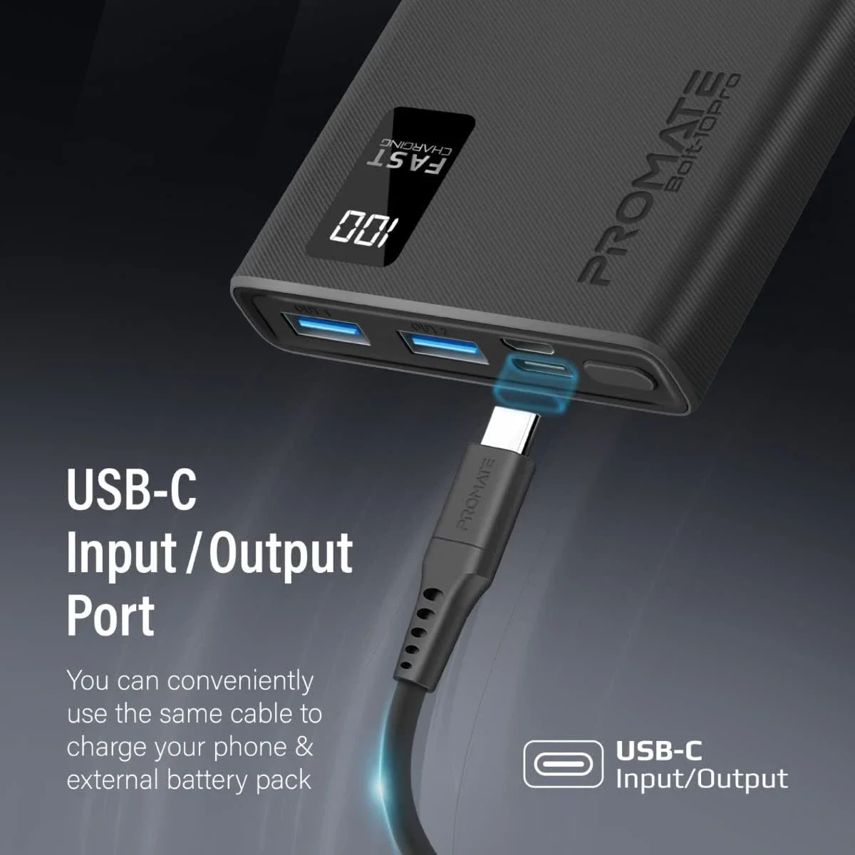 Promate Bolt-10Pro 10000mAh Ultra-Slim Power Bank with 10W USB-C and Dual USB - Black - Thumbnail 5