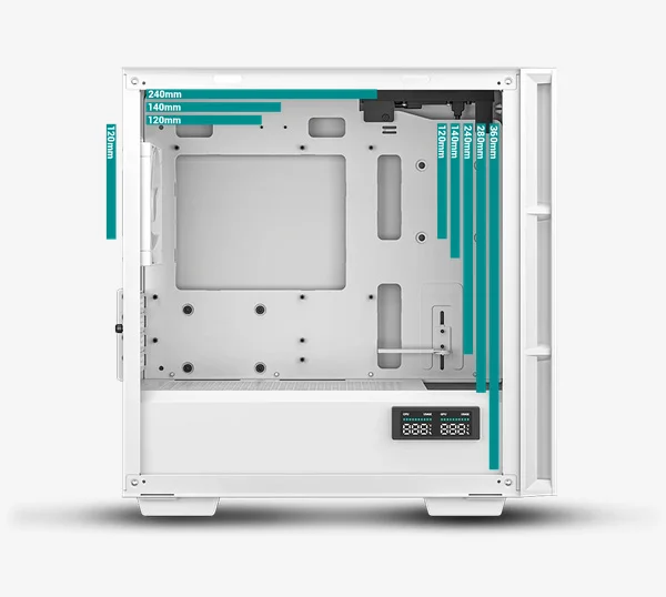 DeepCool CH360 Digital Micro Tower High Airflow Case with 2x140mm + 1x120mm ARGB Fans and Dual Status Display - White - Image 12