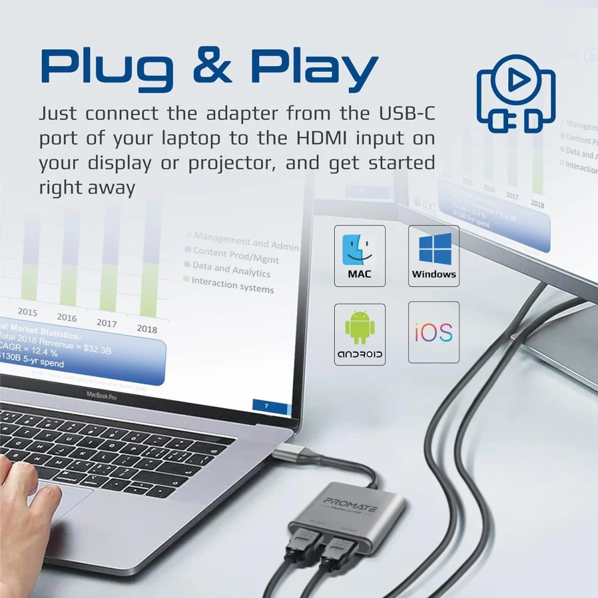 Promate MediaLink-H2 USB-C to Dual HDMI Adapter 4K HDR - Thumbnail 3
