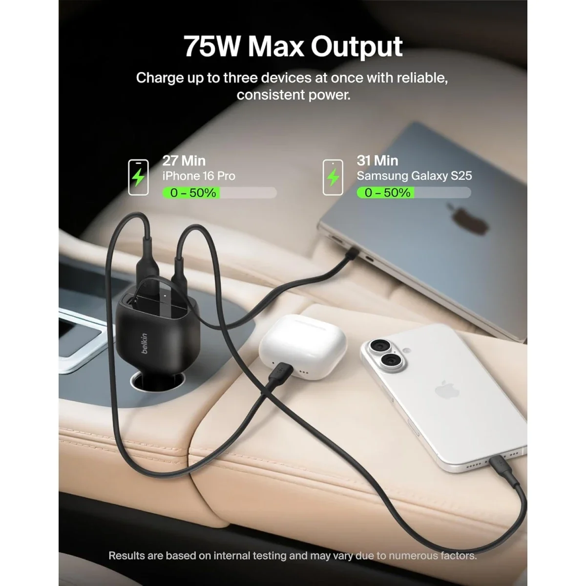 Belkin 75W USB-C Car Charger with 30in Retractable USB-C Cable - Black - Thumbnail 6