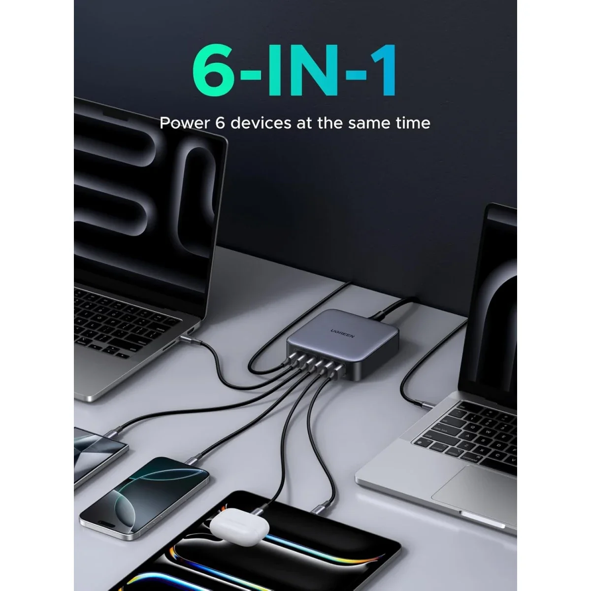 محطة شحن مكتبية Ugreen Nexode بقدرة 200 واط GaN و6 منافذ USB-C - رمادي - Thumbnail 2