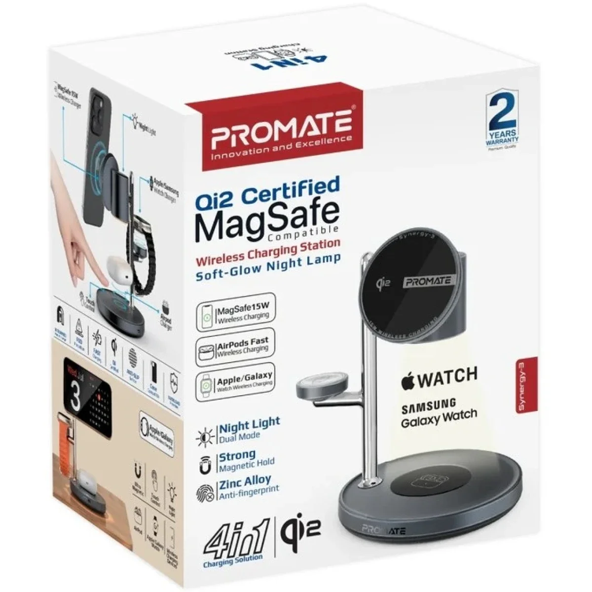 Promate Synergy-3 4-in-1 Qi2 MagSafe Compatible Wireless Charging Station with Night Lamp - Black - Thumbnail 8