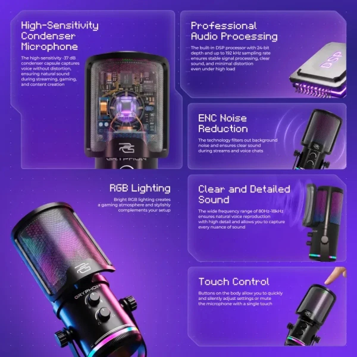 Proove Gaming Gryphon Type-C Condenser Gaming Microphone with RGB & ENC - Black - Thumbnail 3