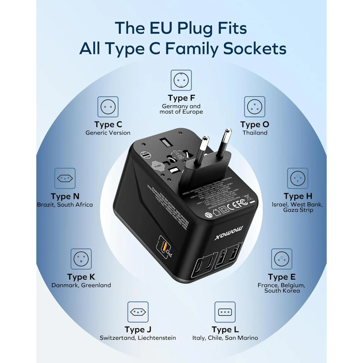 MOMAX 70W GaN Universal Travel Adapter with 3 USB-C PD & 2 USB-A QC - Black - Thumbnail 4