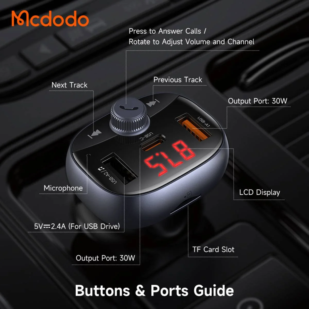 Mcdodo 595 72W 2A1C FM Car Charger with PD 3.0 Fast Charging - Image 6