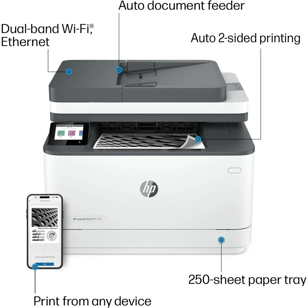 طابعة متعددة الوظائف ليزر أحادية HP LaserJet Pro MFP 3103fdw 4 في 1 لاسلكية مع طباعة على الوجهين ومغذي تلقائي أبيض - Image 4