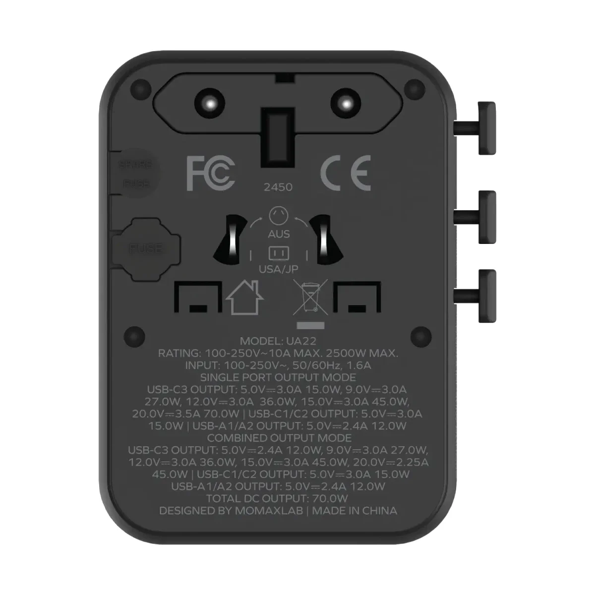 MOMAX 1-World² 70W 5-Port Mini Universal GaN Travel Charger with Dual AC, Desert Titanium - Thumbnail 4